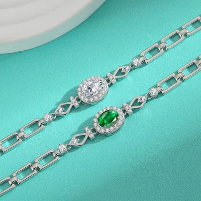 1CT D Color Oval Moissanite Bracelet Women 925 Sterling Silver Paper Clip Chain - Image 1 of 4