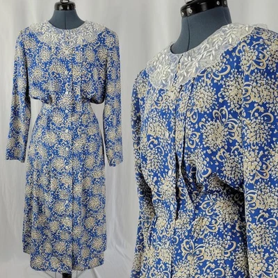 Vestido floral vintage Leslie Fay azul/castanho/branco com amarração nas costas e gola de renda tamanho 14 - Imagem 1 de 4