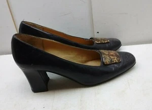Apostrophe Black Leather Slip On Block Heel Pumps Dress Work Women's Shoes 8M 39 - Picture 1 of 11