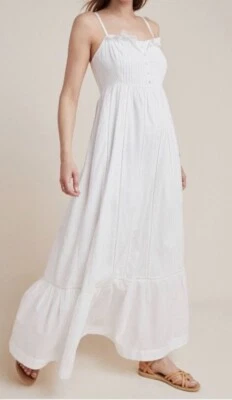 Maxi Vestido Anthropologie Maeve XS 2 Blanco Boho Campesino Ojales Calado Romántico Foto 1 de 4