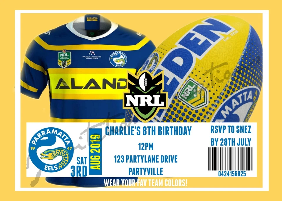 Hágalo usted mismo Impresión Personalizada NRL PARRAMATTA ANGUILAS CAMISETA DE FÚTBOL Invitaciones de Fiesta de Cumpleaños Foto 1 de 1