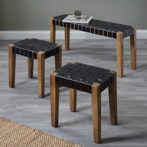 Real Leather Footstools Set of 3 Rustic Mango Wood Living Room Bench And Stool - Picture 1 of 12