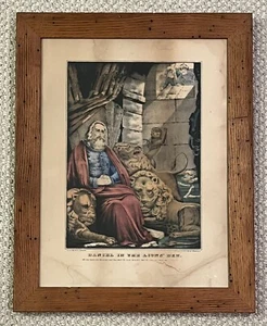 Antica litografia Currier & Ives colorata a mano STAMPA "Daniel nella tana del leone" - Foto 1 di 3