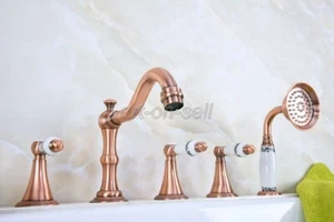 Grifo mezclador de grifo de bañera romano con asas de cerámica de cobre rojo con rociador lateral - Imagen 1 de 8