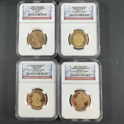 2007 S  Proof Presidential Dollar NGC PF69 Ultra Cameo 3 coins, 1 coin P MS 66 - Image 1 of 4
