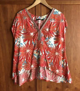 Miss Captain Trend Floral Blouse/Top Size 14 Orange/Red Metal Trim Sharkbite Hem - Picture 1 of 14