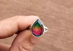 Anillo de plata esterlina turmalina sandía en forma de pera - diseño de plata maciza 925 - Imagen 1 de 3