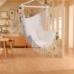 Hanging Rope Hammock Chair Garden Porch Swing Seat /w 2 Pillows Beige US SHIP - Picture 1 of 8