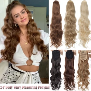 Extra Thick Drawstring Ponytail Clip In Hair Extensions As Human HAIR Brown Wavy - Picture 1 of 22