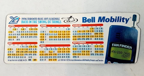 1996 Toronto Blue Jays 20th Anniversary Schedule Magnet  7.5" x 3" Bell Mobility Cover