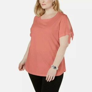 KAREN SCOTT Womens Plus 0X Solid Coral Tee Shirt Top Short Open Tie Sleeves NWT - Picture 1 of 14