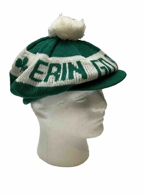 Vintage St. Patrick's Day Hat Erin Go Bragh Beret Knit Pom Bill  Green White   - Image 1 of 4