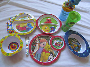 Lot of Baby Dishes Plates Bowls Cups Sesame Street Elmo Pooh Diego Blue's Clues