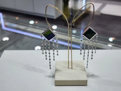 solid white 14k gold drop earrings with natural diamonds, Demantoids, Ammolites - Image 1 of 2