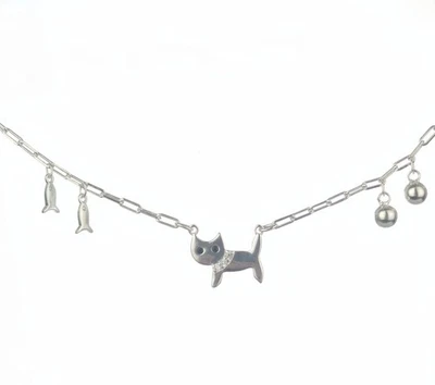 Solid 925 Silver Adjust 6.5"-7.5" Sparkly Cat Bracelet & Dangling Fish, Pave Set - Image 1 of 4
