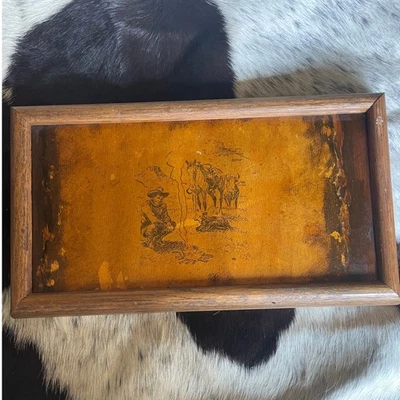 Bandeja de servir de madera vintage con escena de vaquero occidental rústica decoración del hogar Foto 1 de 4