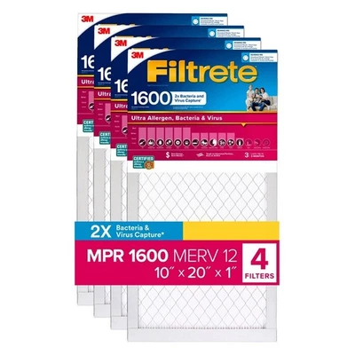 Filtrete Allergen MPR 1600 2x Bacteria and Virus Capture, 10x20x1 (4 Pack) - Image 1 of 4