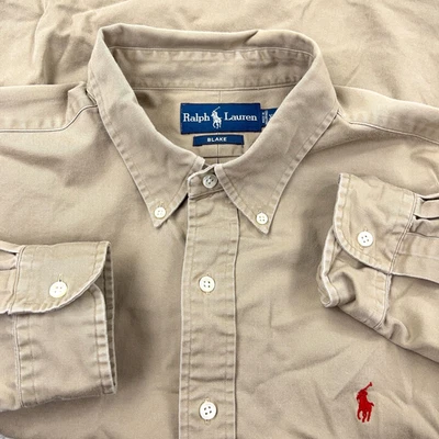 Ralph Lauren Shirt Men XL Khaki Tan Button Up Twill Denim Blake Red Pony VTG Y2K - Image 1 of 4