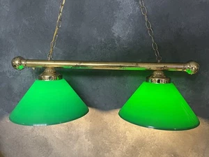 Vintage Pool Table Hanging Light Billiard Lamp 14” Plastic Green Shades 34 Brass - Picture 1 of 7