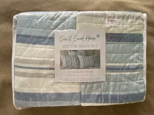Sea Sand Cotton Pillow Shams COASTAL STRIPE 2 PC Set Standard Blue Gray Taupe - Picture 1 of 3