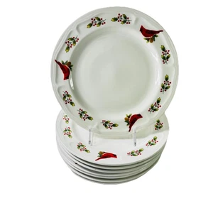 Gibson Winter Bird Holly Christmas Cardinal Dinner Plates 10" Red Holiday Set 8 - Picture 1 of 5