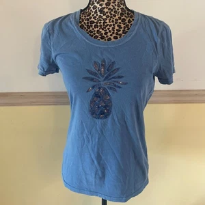 Tommy Bahama Relax Women's Beaded Blue Pineapple Short Sleeve Tshirt L5 - Picture 1 of 3