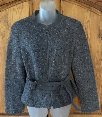 Chaqueta Cinturón AKRIS Gris Boucle Tweed Lana/Nylon Cremallera Talla 10 Foto 1 de 4
