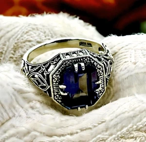VINTAGE STYLE 925 SOLID STERLING SILVER PURPLE LAB CREATED SAPPHIRE RING 1412 - Picture 1 of 3