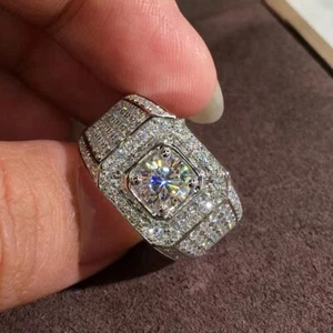 925 Silver Plated CZ Ring,Iced Out Mens Ring,Hip Hop Ring,Wedding Ring, Size L-Y - Picture 1 of 13