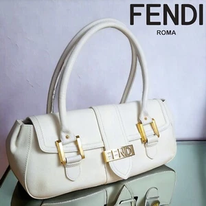 FENDI Baguette Handbag Ivory Leather Shoulder Bag Logo Purse Gold Hardware - Picture 1 of 15