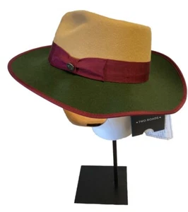Two Roads Green/Maroon Suede Wide Brim Lightweight Fitted Fedora Hat - Picture 1 of 12