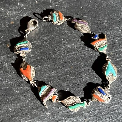 CCO Coleman Sterling 925 Silver Inlaid Gemstone Tropical Fish Bracelet 7.5” Fa - Image 1 of 4