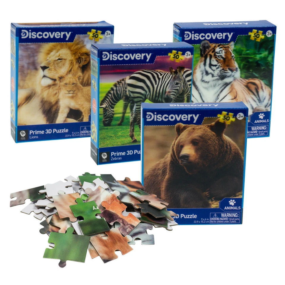 Set of 4 Discovery 3D Puzzle Animals- Bear Lions Tiger Zebras 50 Pieces 9 x 6 in - Image 1 of 1