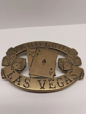 FABULOSO LAS VEGAS Vintage Años 70 Latón Sólido Cinturón Hebilla Dados As de Picas Tarjetas Foto 1 de 4