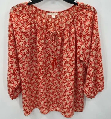 Top Skies Are Azul Mujer Pequeño Rojo Floral Cuello Corbata Fluido Boho Manga Larga Foto 1 de 4