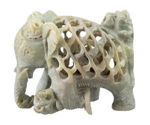 Statue Éléphant Inde attaqué par un Lion - Fait main en Stéatite Unique # 5011 - Picture 1 of 7