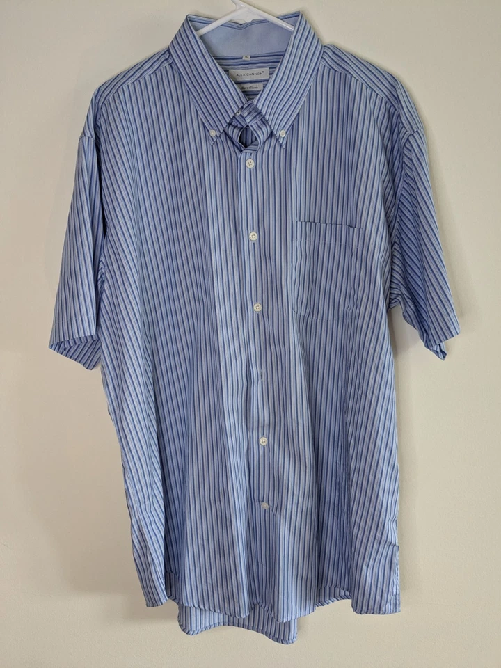 Alex Cannon Мужская рубашка размер XL 100% хлопок с коротким рукавом на пуговицах синяя полоска  - Изображение 1 из 4
