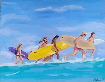 pintura acrílica original hecha a mano arte hermoso paisaje marino con surfistas corriendo Foto 1 de 4
