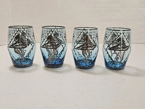 Set 4 tazze vintage blu boemo ceco vetro ARGENTO OVERLAY DRAGON PHOENIX - Foto 1 di 4
