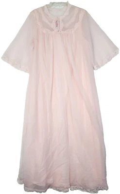 Shadowline Women Nylon Gown and Robe Set Size Medium Pink Lace Trim Floral #1709 - Image 1 of 4