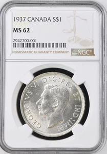 :1937 $1 SILVER DOLLAR GEORGE-VI CANADA NGC MS62 BLAST WHITE RARE R5 HIGH GRADES - Picture 1 of 2