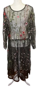 Damen langes Netz transparent durchsichtig Kleid Stickerei Blumen 3X Stoff - Bild 1 von 9