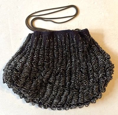 Antique 1920 Micro Beaded Purse Flapper Bag Drawstring Evening 5x7 Scallop Shell - Image 1 of 4