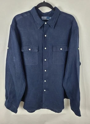 VTG Polo Ralph Lauren Navy Blue Linen Long Sleeve Roll Tab Men's Shirt Sz 2XL - Image 1 of 4