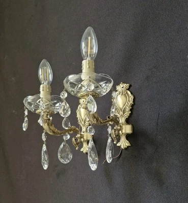 Vintage Antique Pair of French  Brass Crystal 1 Light Sconces Wall Lights - Image 1 of 4