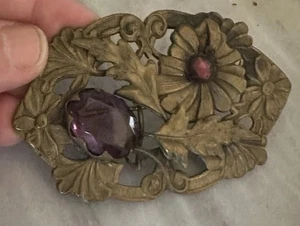 Vtg Art Nouveau Sash Pin Brooch Purple Glass Ornate Botanic Flowers Leaves Large - Picture 1 of 11