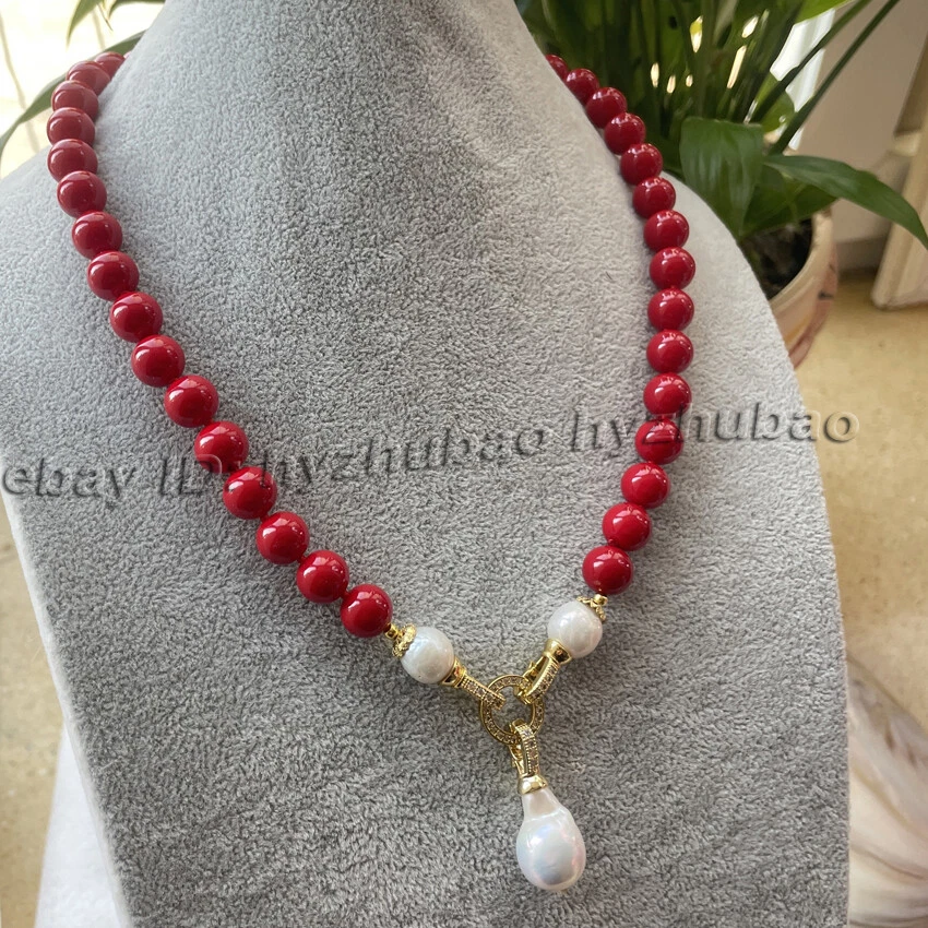 Collar colgante de perlas barrocas de 8/10 mm redondas de perlas rojas de coral de 15x20 mm Foto 1 de 4