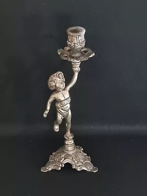 Bougeoir/chandelier chérubin/ange angelot métal Argenté ancien vintage 25 cm - Photo 1/4