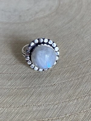 Moonstone Flower Ring Size N 1/2 Sterling Silver 925 Plated Bohemian Round — 第 1/4 张图片