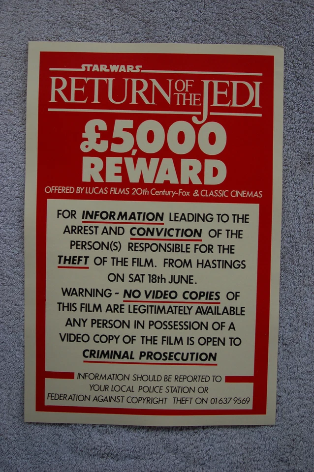 Return of the Jedi Reward Poster poster for stolen film - Image 1 of 1